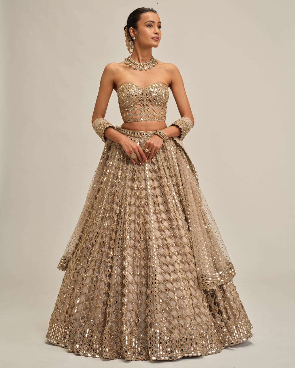 Light Beige Big Mirror Cutwork Lehenga With Corset Set