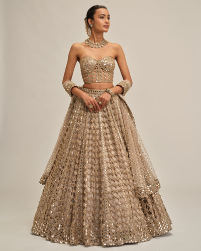 Light Beige Big Mirror Cutwork Lehenga With Corset Set