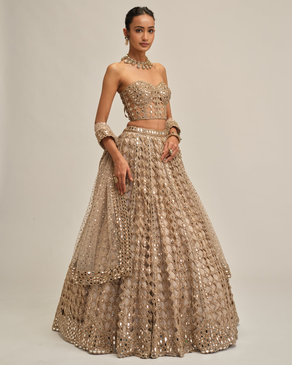 Light Beige Big Mirror Cutwork Lehenga With Corset Set