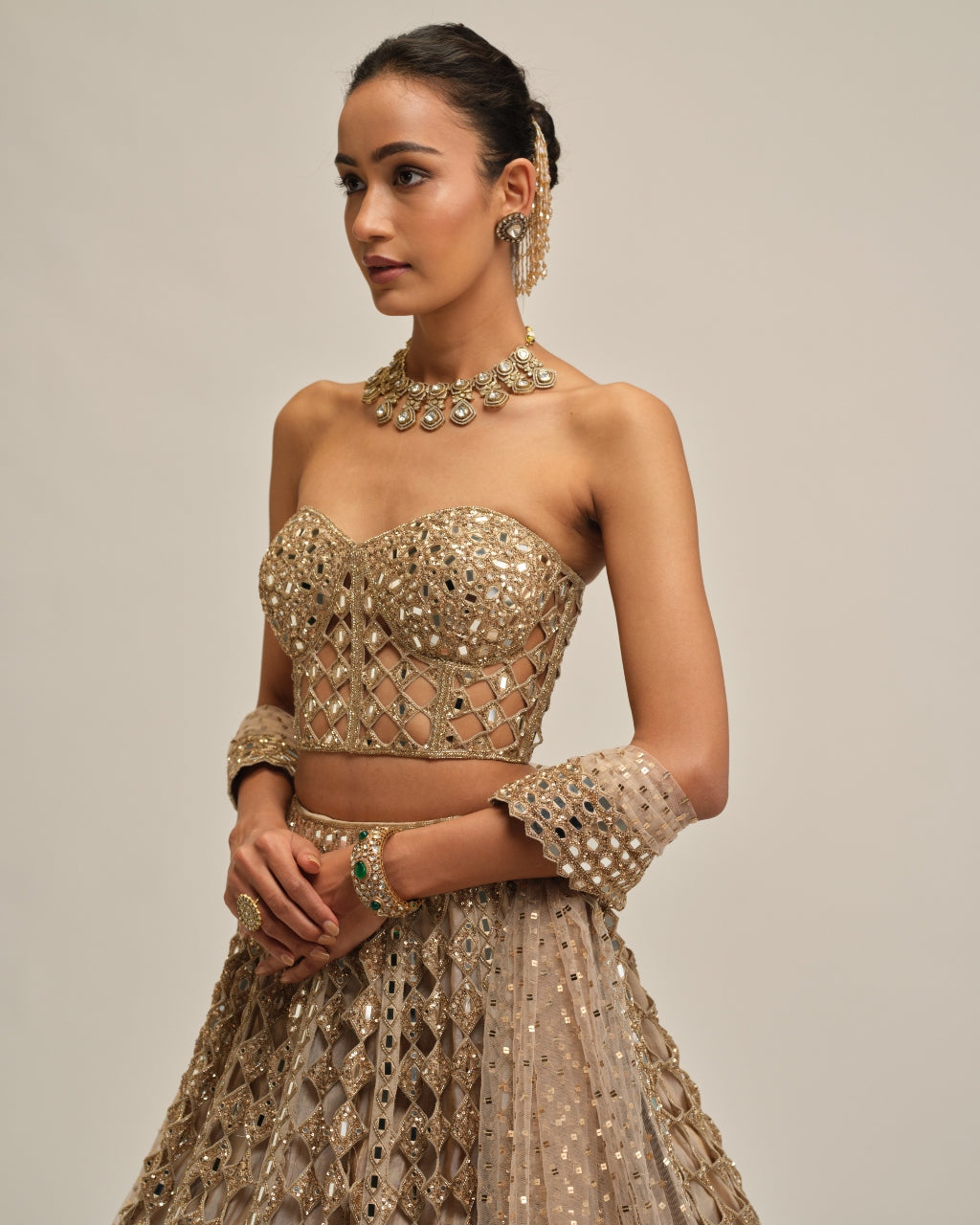 Light Beige Big Mirror Cutwork Lehenga With Corset Set