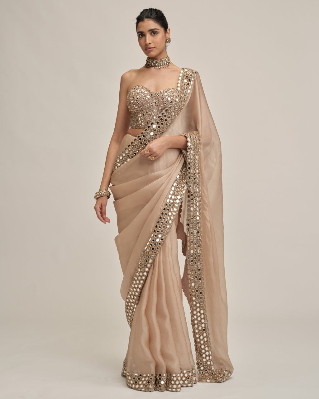 Light Beige Mirror Border Sari With Corset Set