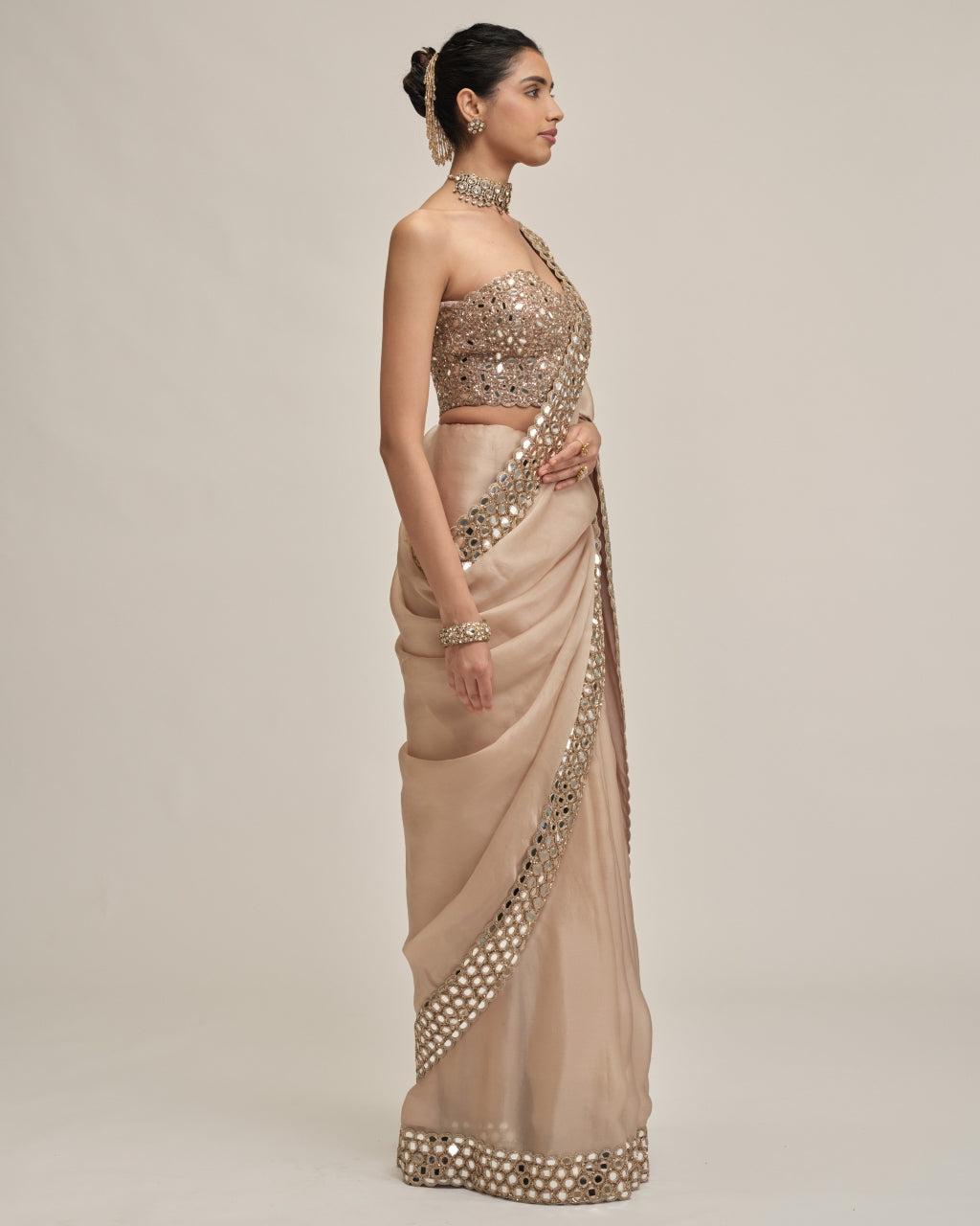 Light Beige Mirror Border Sari With Corset Set