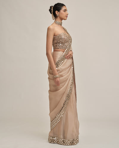 Light Beige Mirror Border Sari With Corset Set