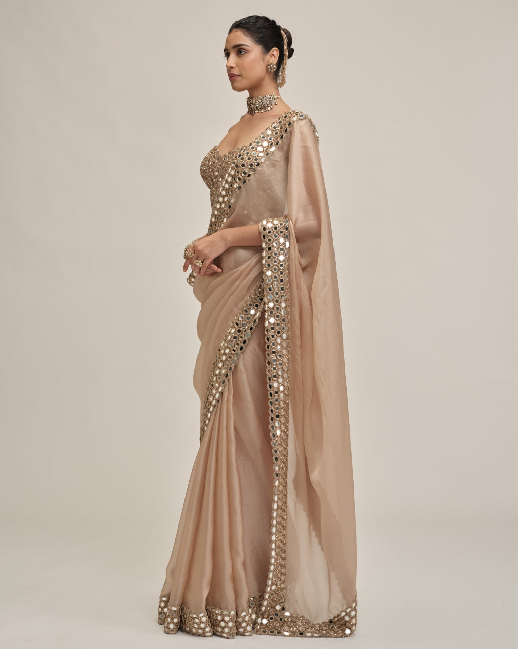 Light Beige Mirror Border Sari With Corset Set