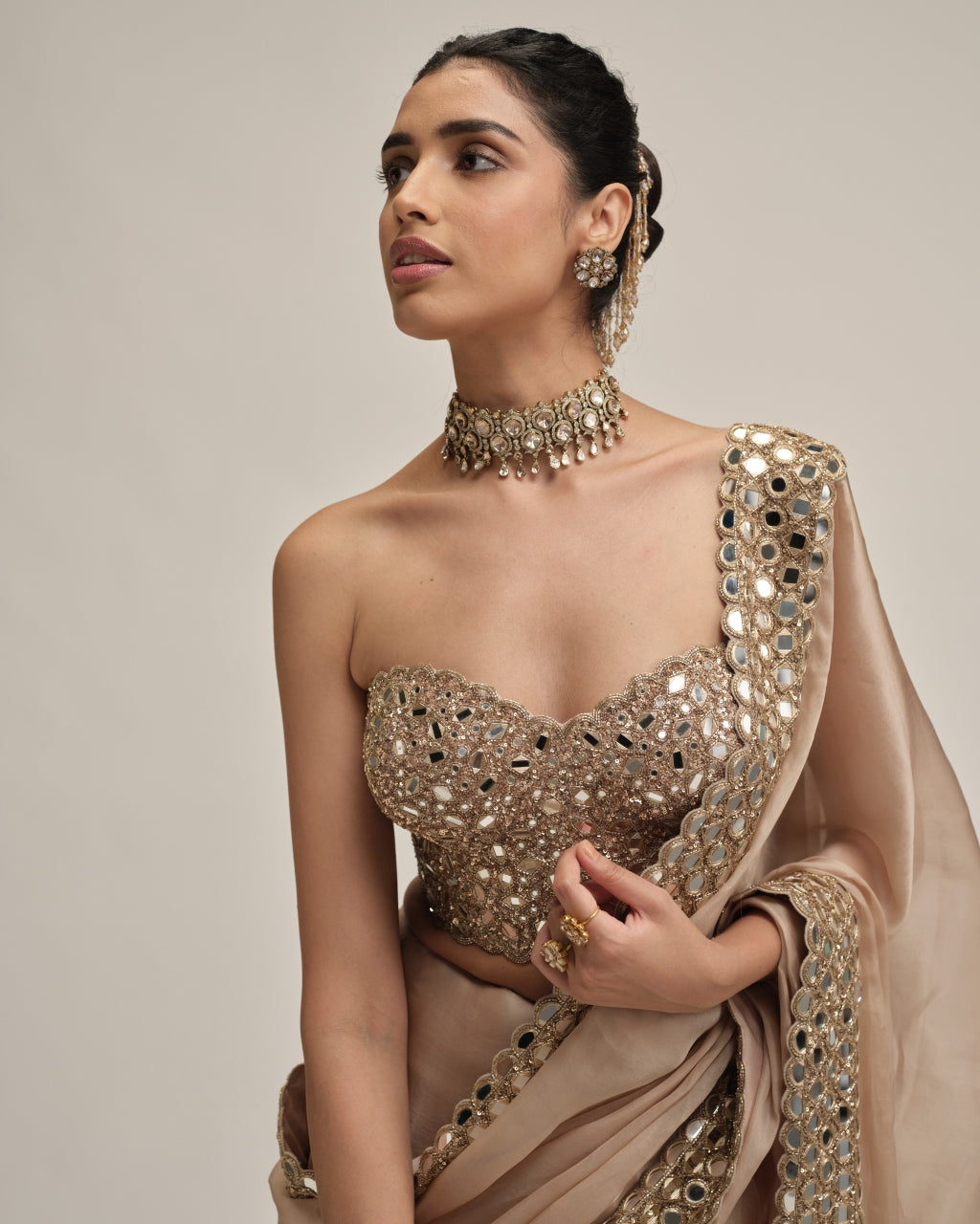 Light Beige Mirror Border Sari With Corset Set