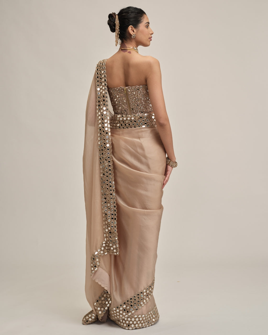 Light Beige Mirror Border Sari With Corset Set