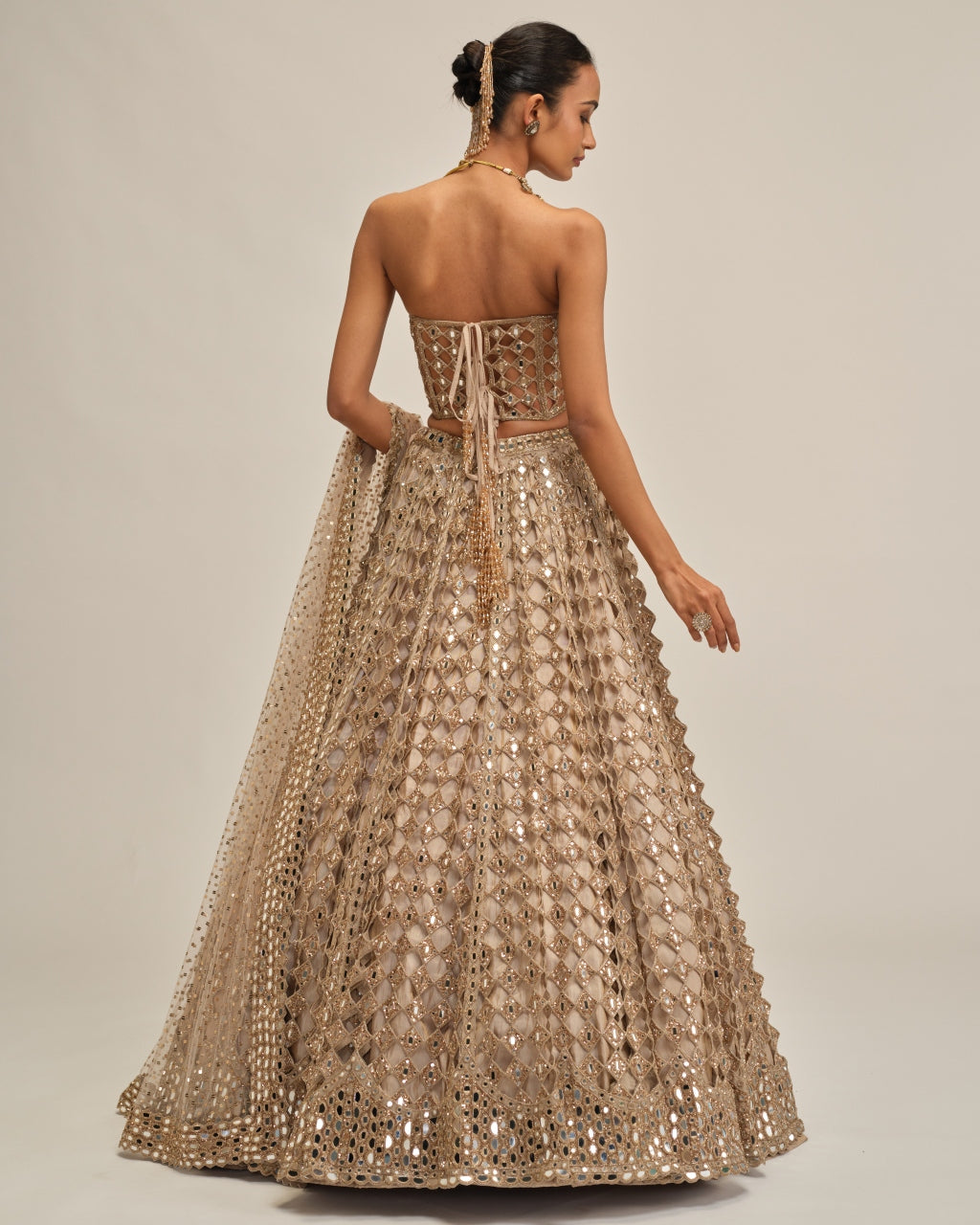 Light Beige Big Mirror Cutwork Lehenga With Corset Set