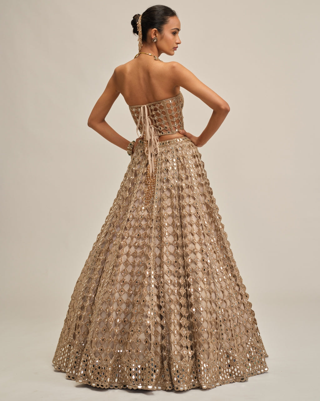 Light Beige Diamond Mirror Cutwork Crop Top Skirt Set