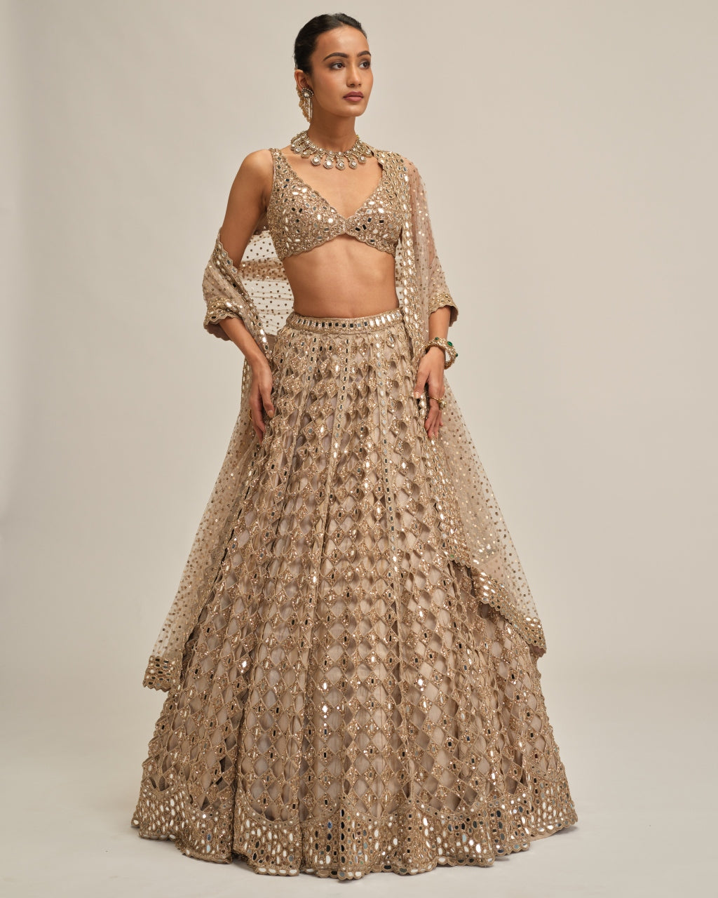 Light Beige Diamond Mirror Cutwork Lehenga Set