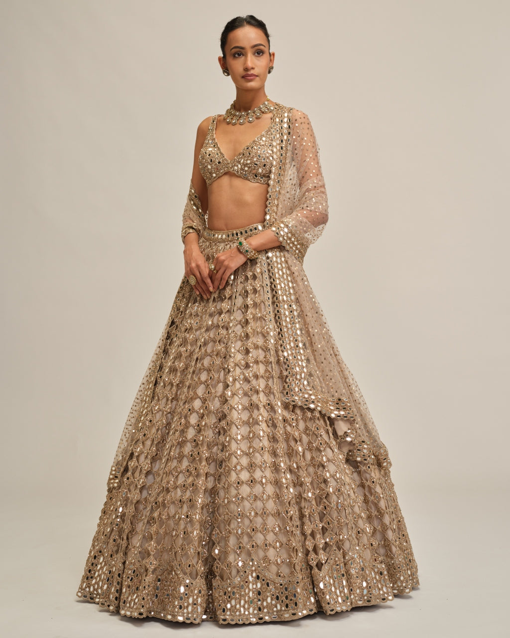 Light Beige Diamond Mirror Cutwork Lehenga Set