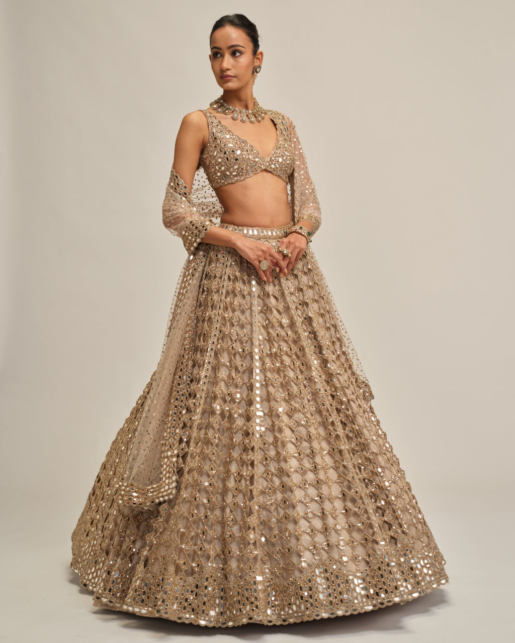 Light Beige Diamond Mirror Cutwork Lehenga Set