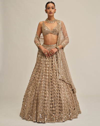 Light Beige Diamond Mirror Cutwork Lehenga Set