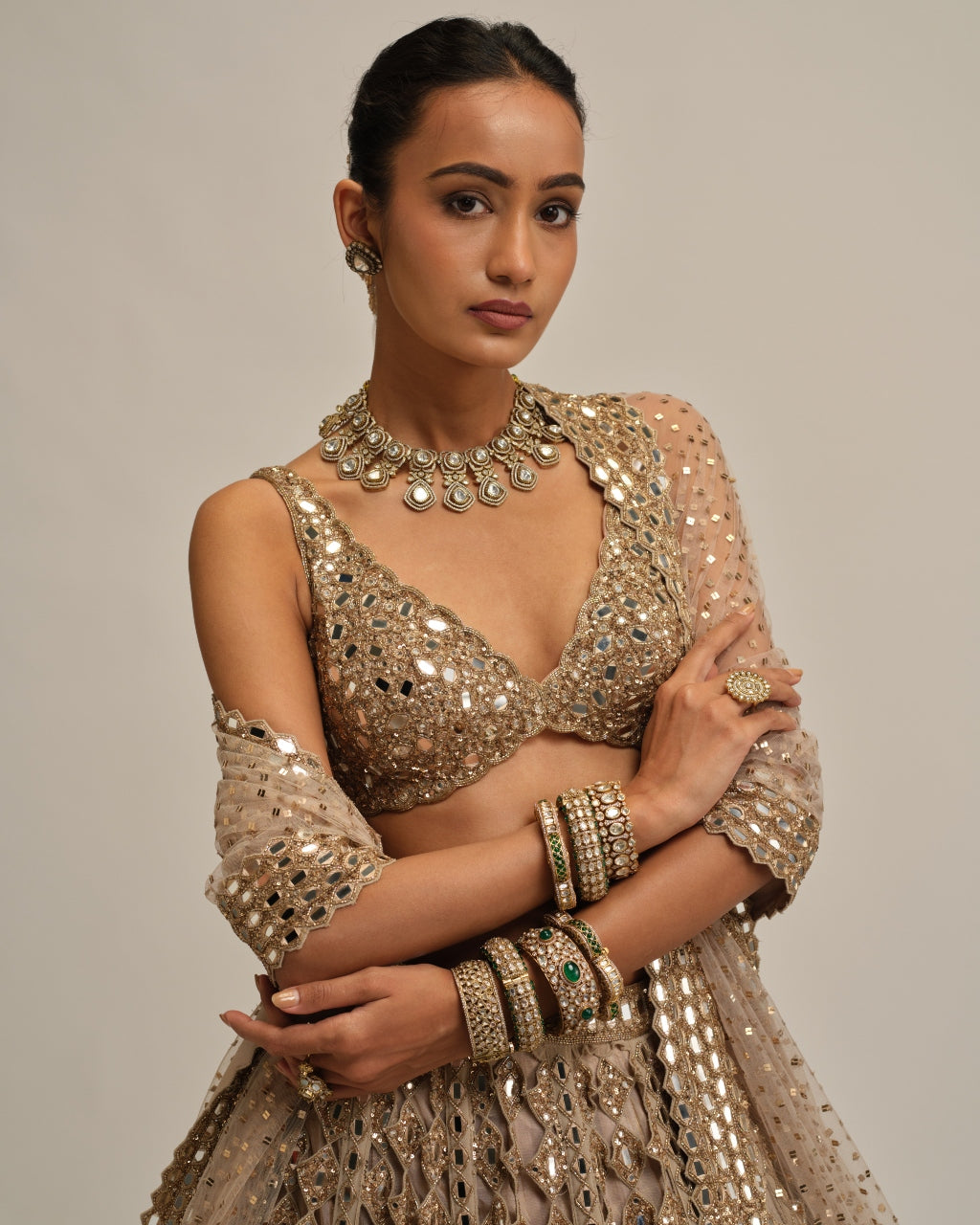 Light Beige Diamond Mirror Cutwork Lehenga Set