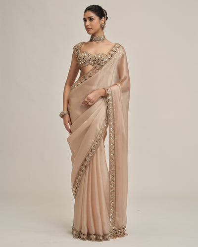Light Beige Diamond Cutwork Border Sari Set