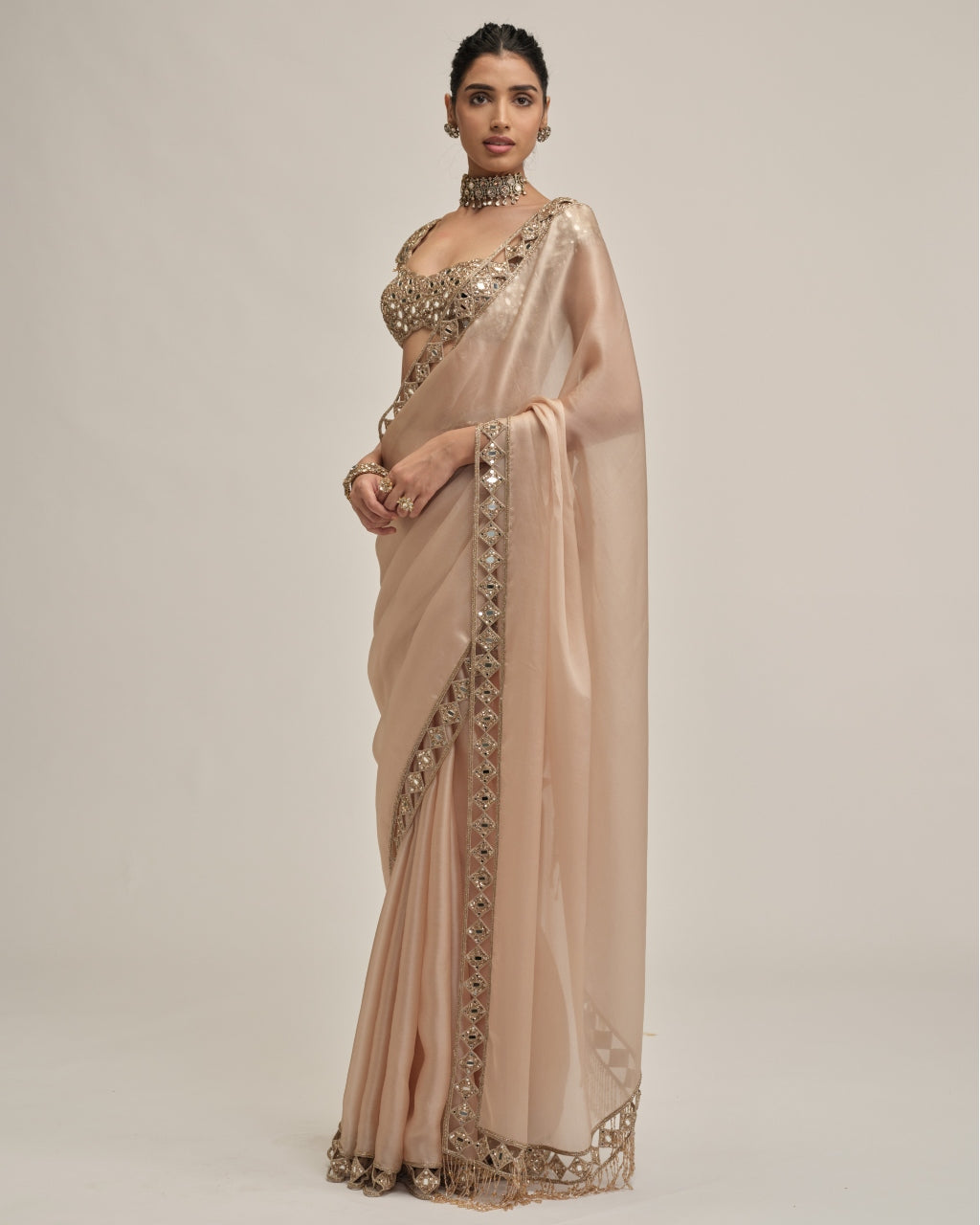 Light Beige Diamond Cutwork Border Sari Set