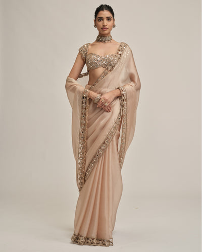 Light Beige Diamond Cutwork Border Sari Set
