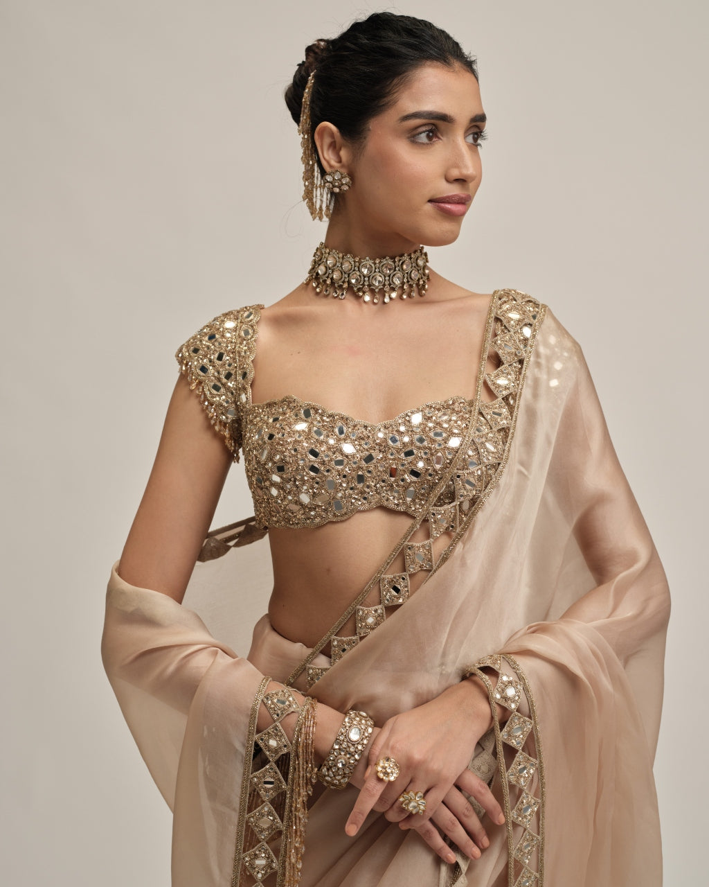 Light Beige Diamond Cutwork Border Sari Set