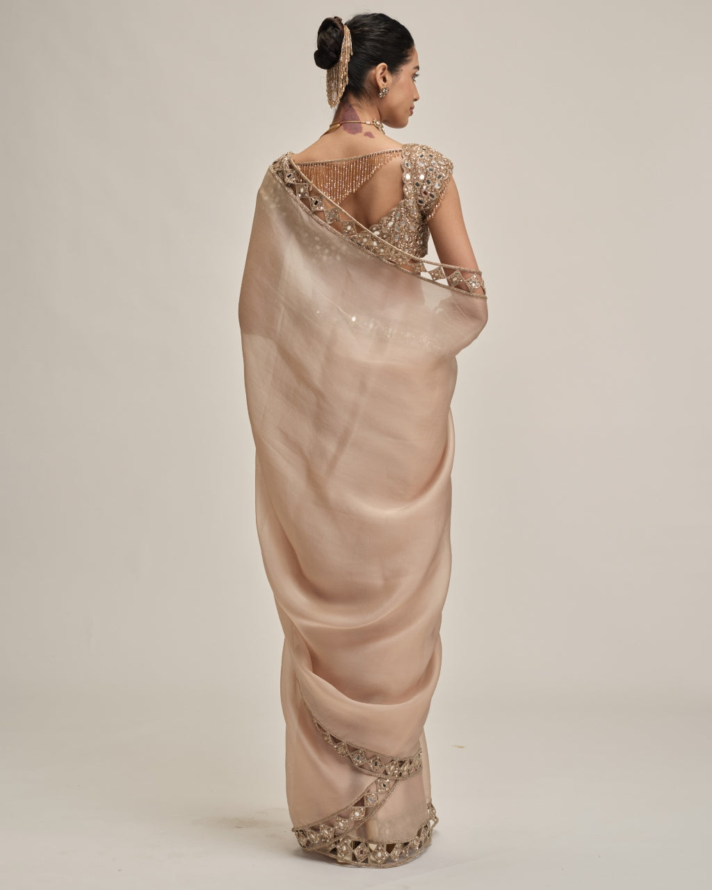 Light Beige Diamond Cutwork Border Sari Set