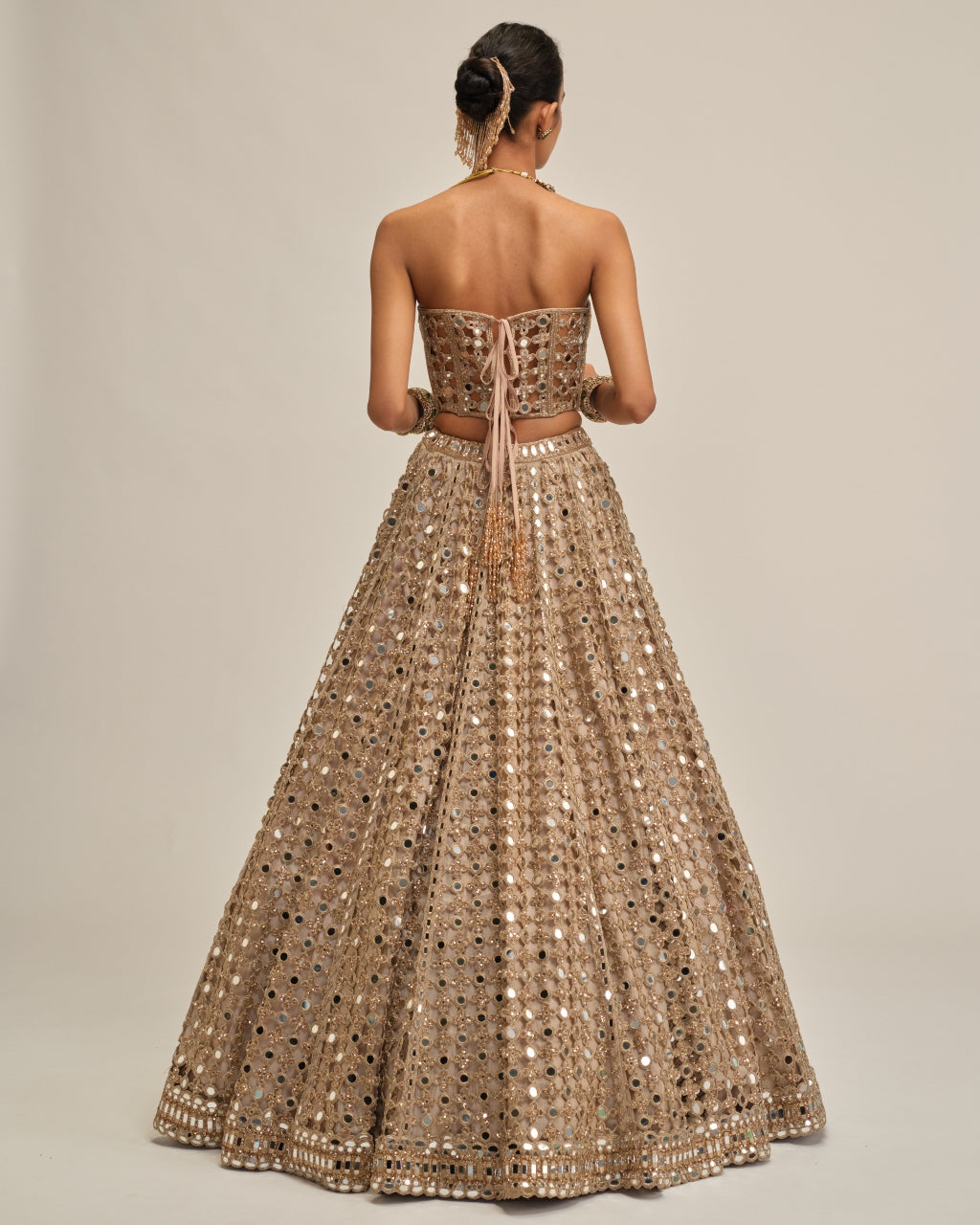 Light Beige Big Mirror Cutwork Crop Top Skirt Set