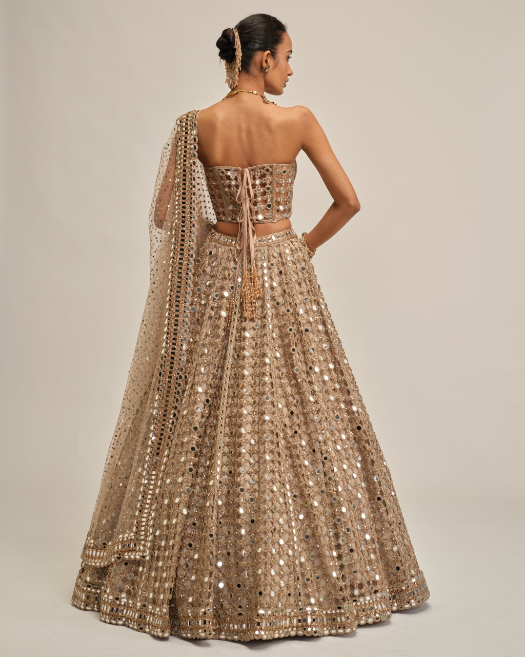 Light Beige Diamond Mirror Cutwork Lehenga With Corset Set