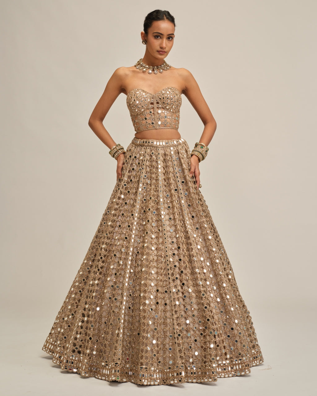 Light Beige Big Mirror Cutwork Crop Top Skirt Set