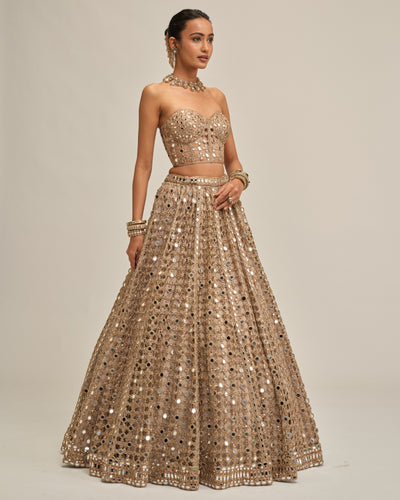 Light Beige Big Mirror Cutwork Crop Top Skirt Set