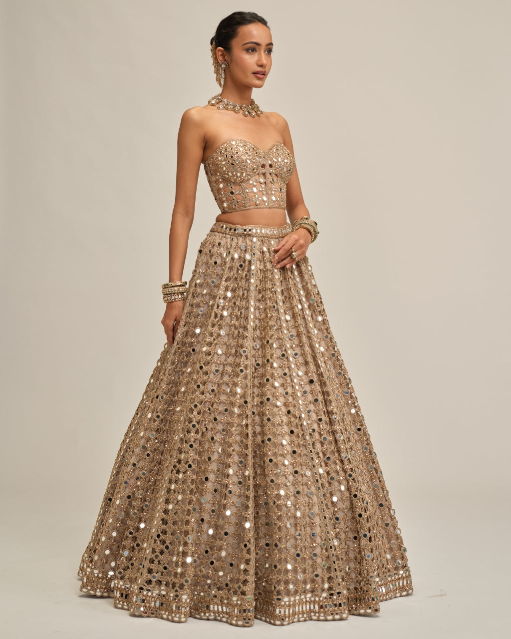 Light Beige Big Mirror Cutwork Crop Top Skirt Set