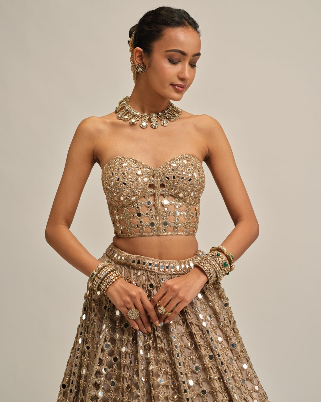 Light Beige Big Mirror Cutwork Crop Top Skirt Set