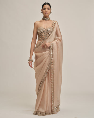 Light Beige Cutwork Border Sari With Corset Set