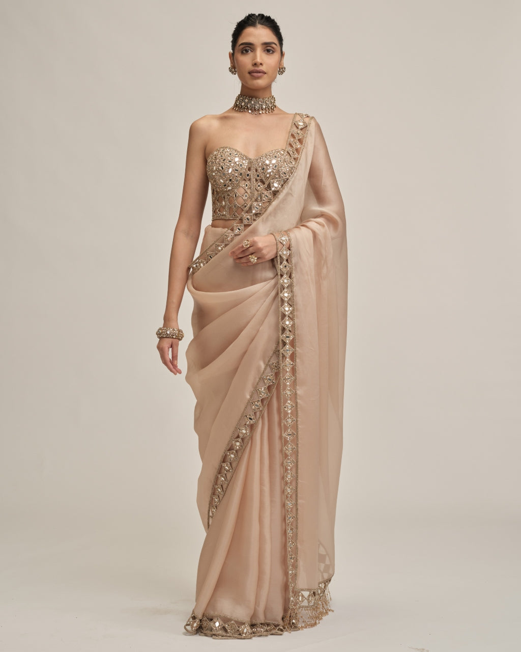 Light Beige Cutwork Border Sari With Corset Set