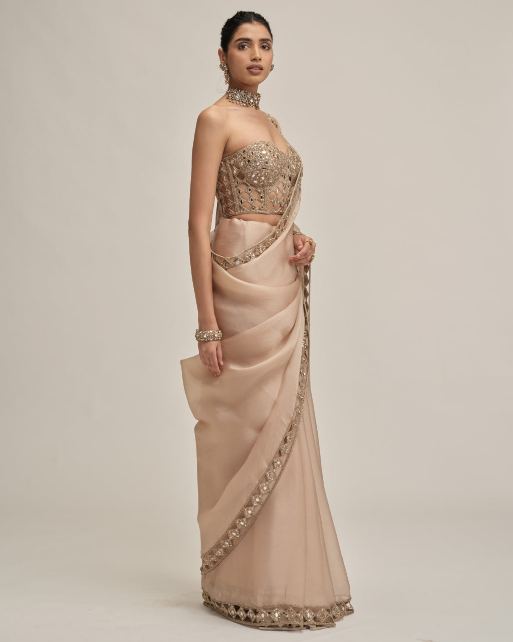 Light Beige Cutwork Border Sari With Corset Set