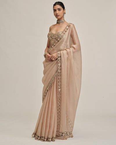 Light Beige Cutwork Border Sari With Corset Set