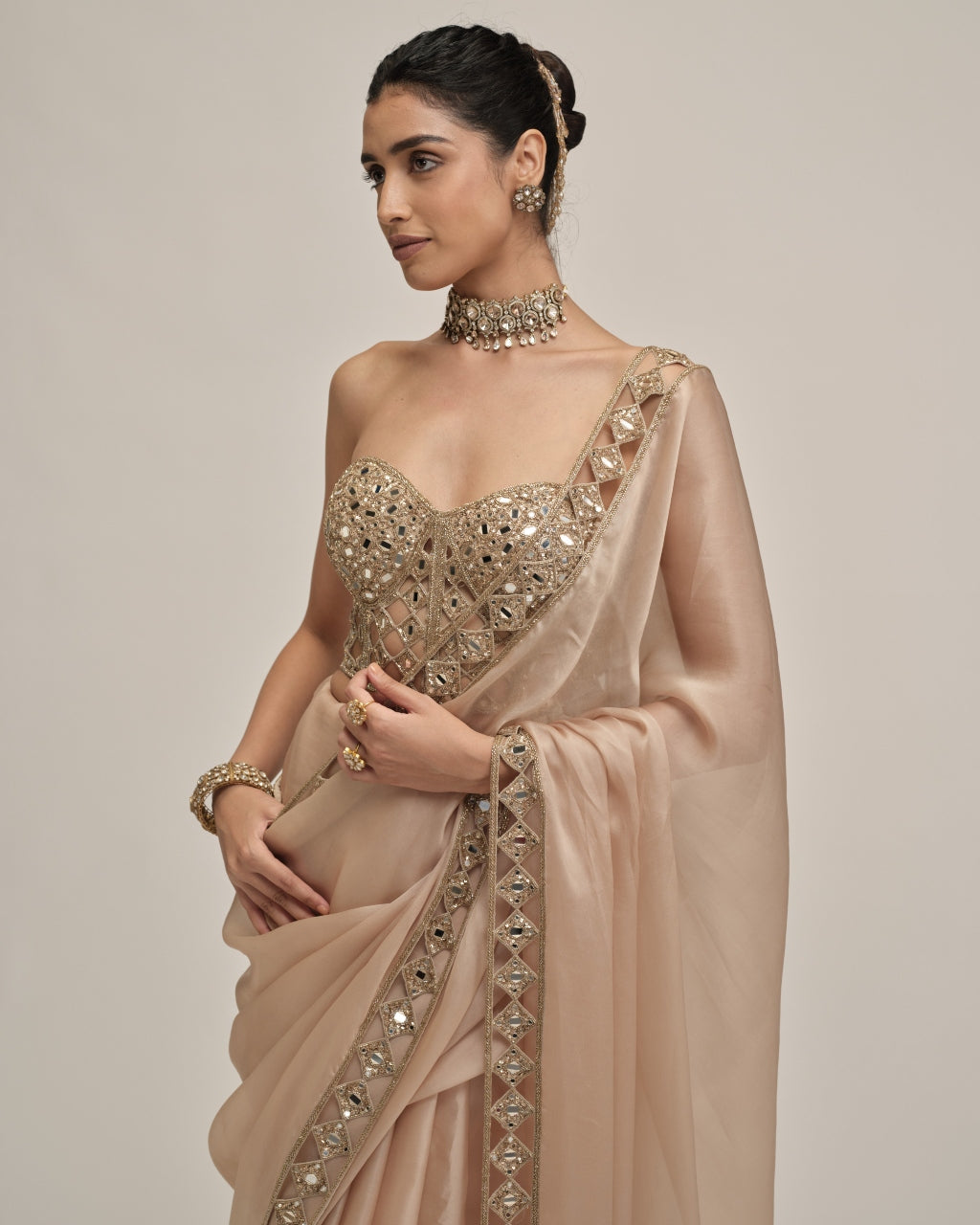 Light Beige Cutwork Border Sari With Corset Set