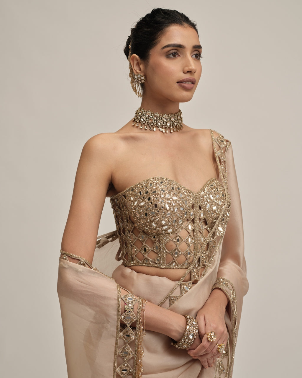 Light Beige Cutwork Border Sari With Corset Set