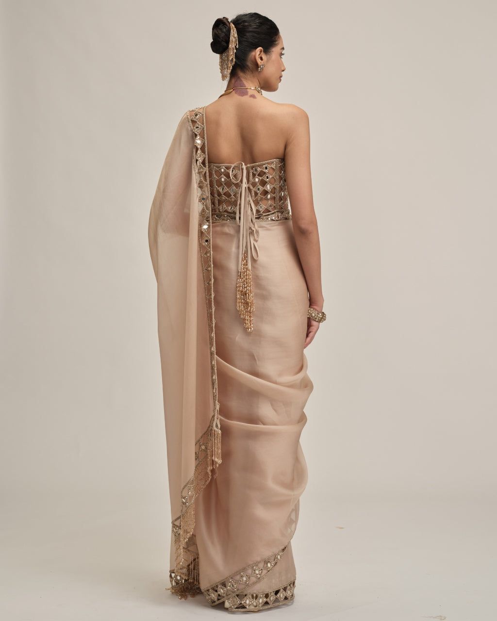 Light Beige Cutwork Border Sari With Corset Set
