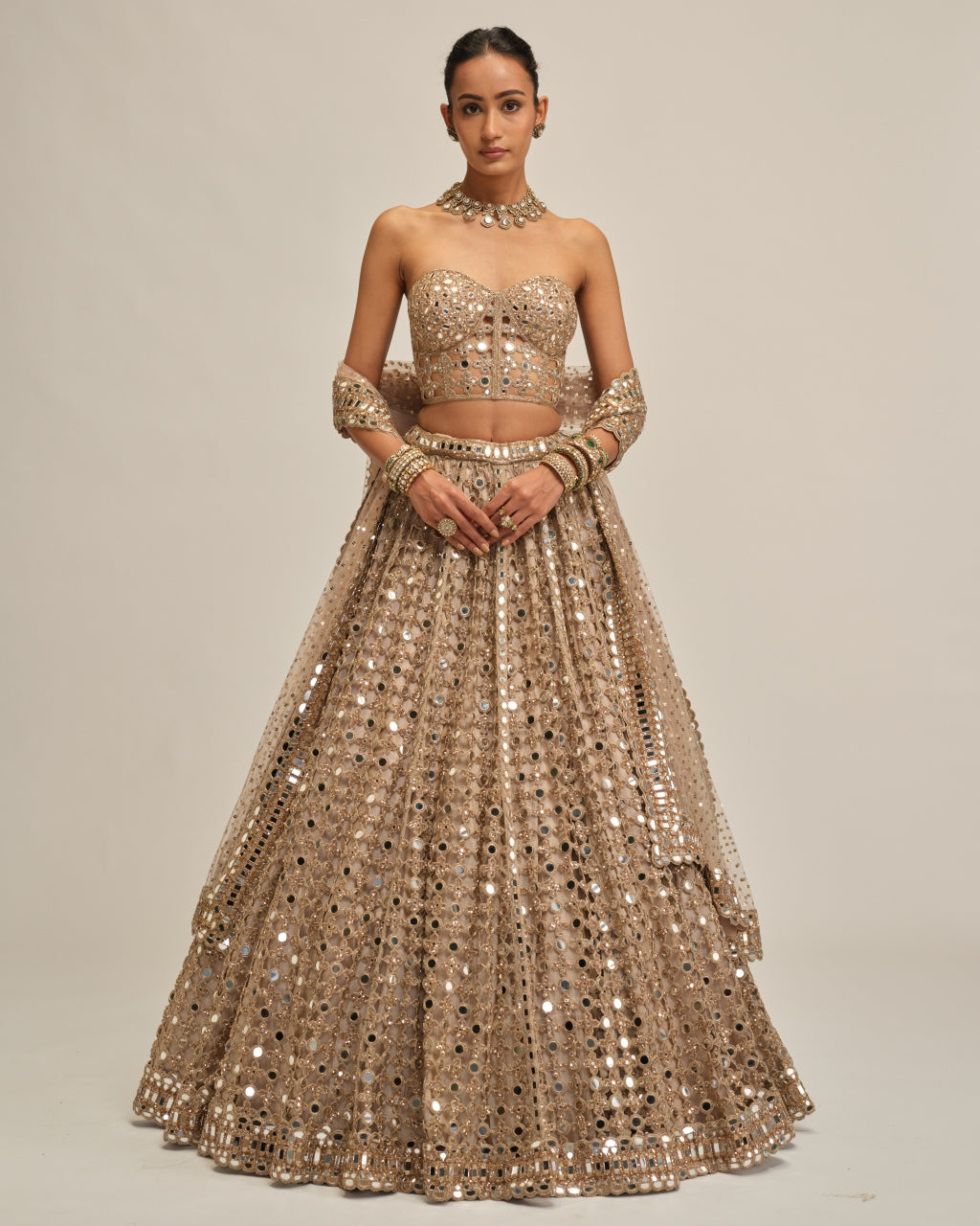 Light Beige Diamond Mirror Cutwork Lehenga With Corset Set
