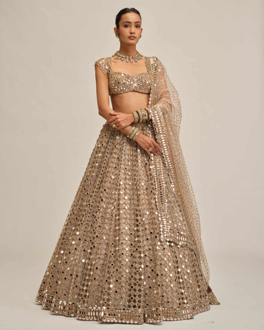 Light Beige Big Mirror Cutwork Lehenga Set