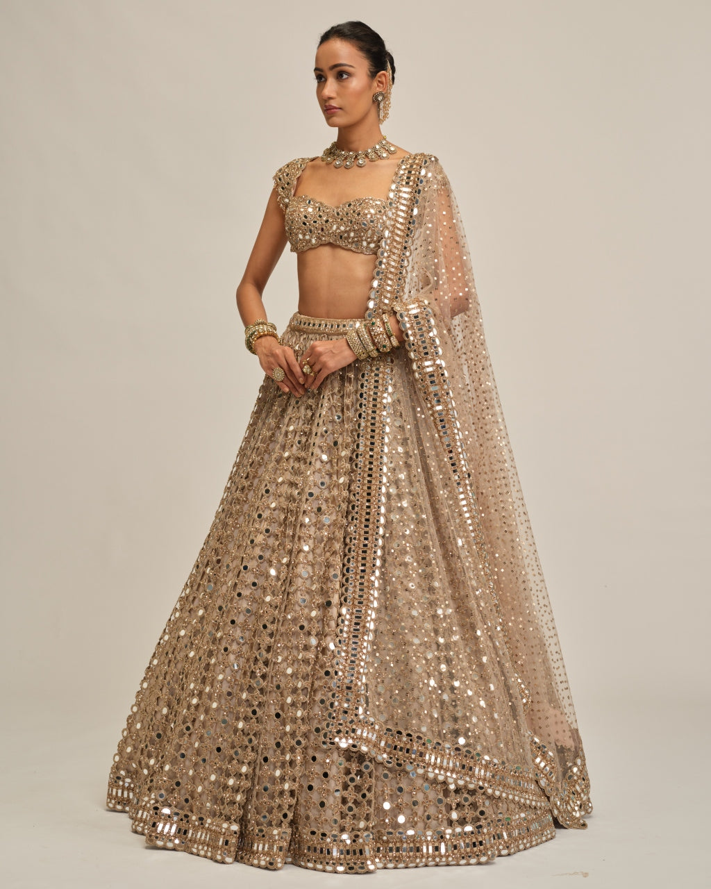 Light Beige Big Mirror Cutwork Lehenga Set