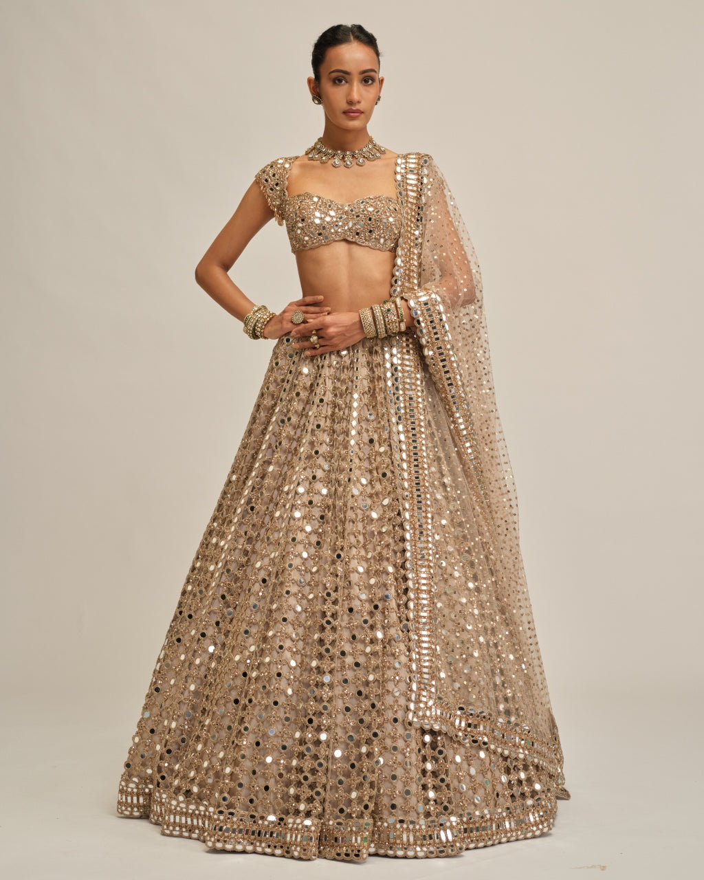 Light Beige Big Mirror Cutwork Lehenga Set