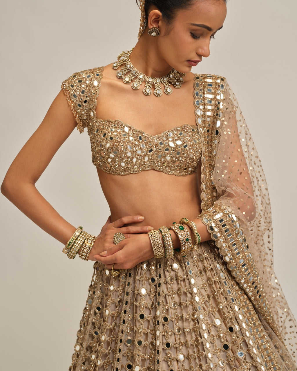 Light Beige Big Mirror Cutwork Lehenga Set