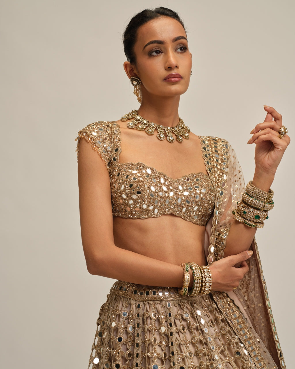 Light Beige Big Mirror Cutwork Lehenga Set