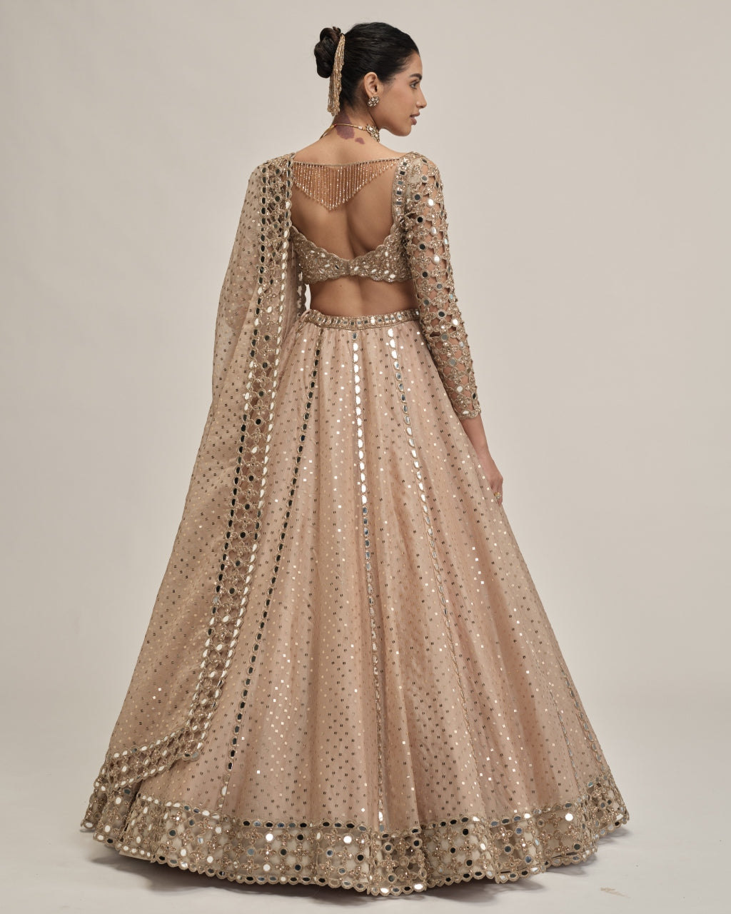 Light Beige Sequins Embroidered Full Sleeves Lehenga Set