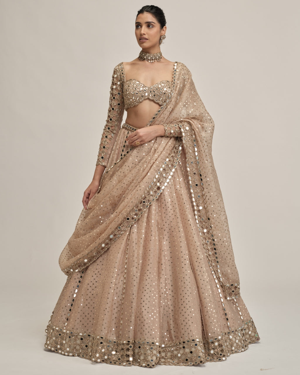 Light Beige Sequins Embroidered Full Sleeves Lehenga Set