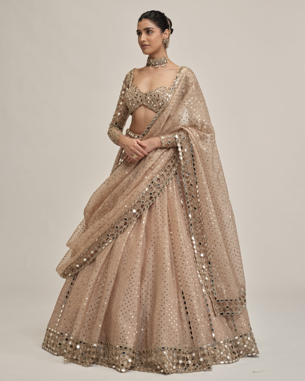 Light Beige Sequins Embroidered Full Sleeves Lehenga Set