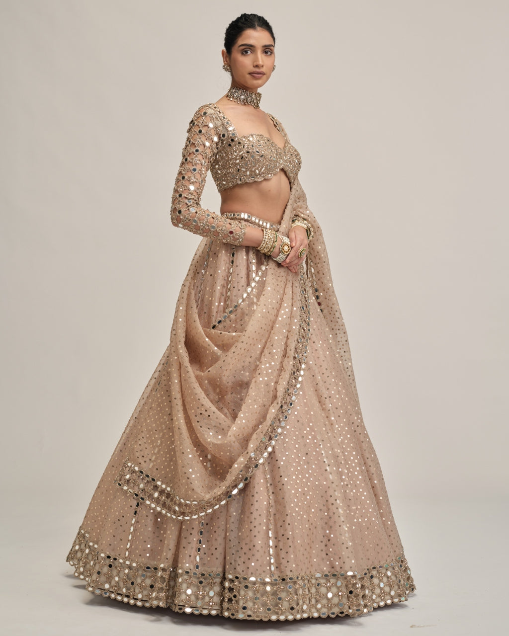 Light Beige Sequins Embroidered Full Sleeves Lehenga Set