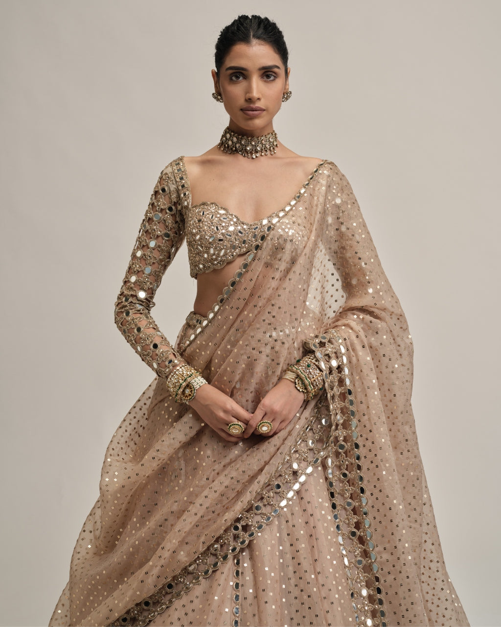 Light Beige Sequins Embroidered Full Sleeves Lehenga Set