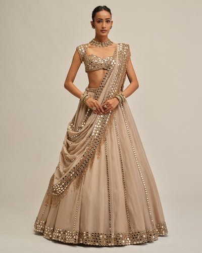 Light Beige Mirror Linear Embroiderd Lehenga Set