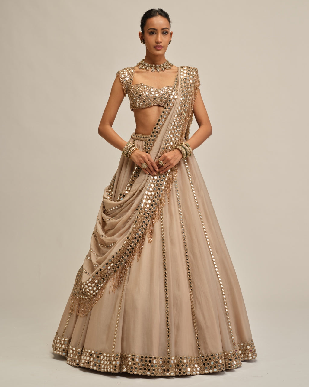 Light Beige Mirror Linear Embroiderd Lehenga Set