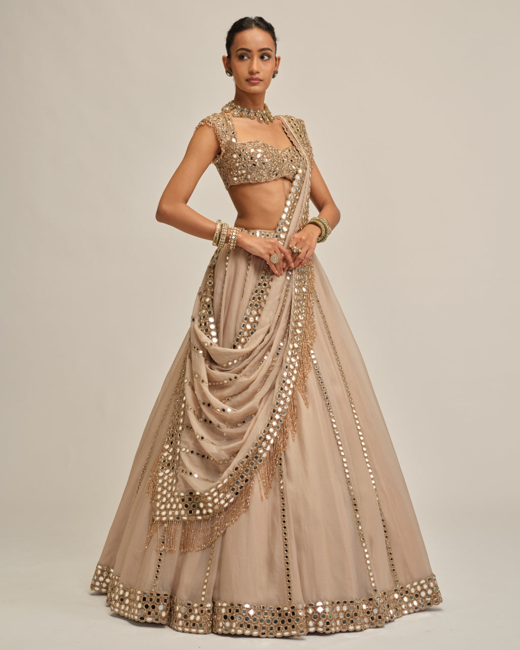 Light Beige Mirror Linear Embroiderd Lehenga Set