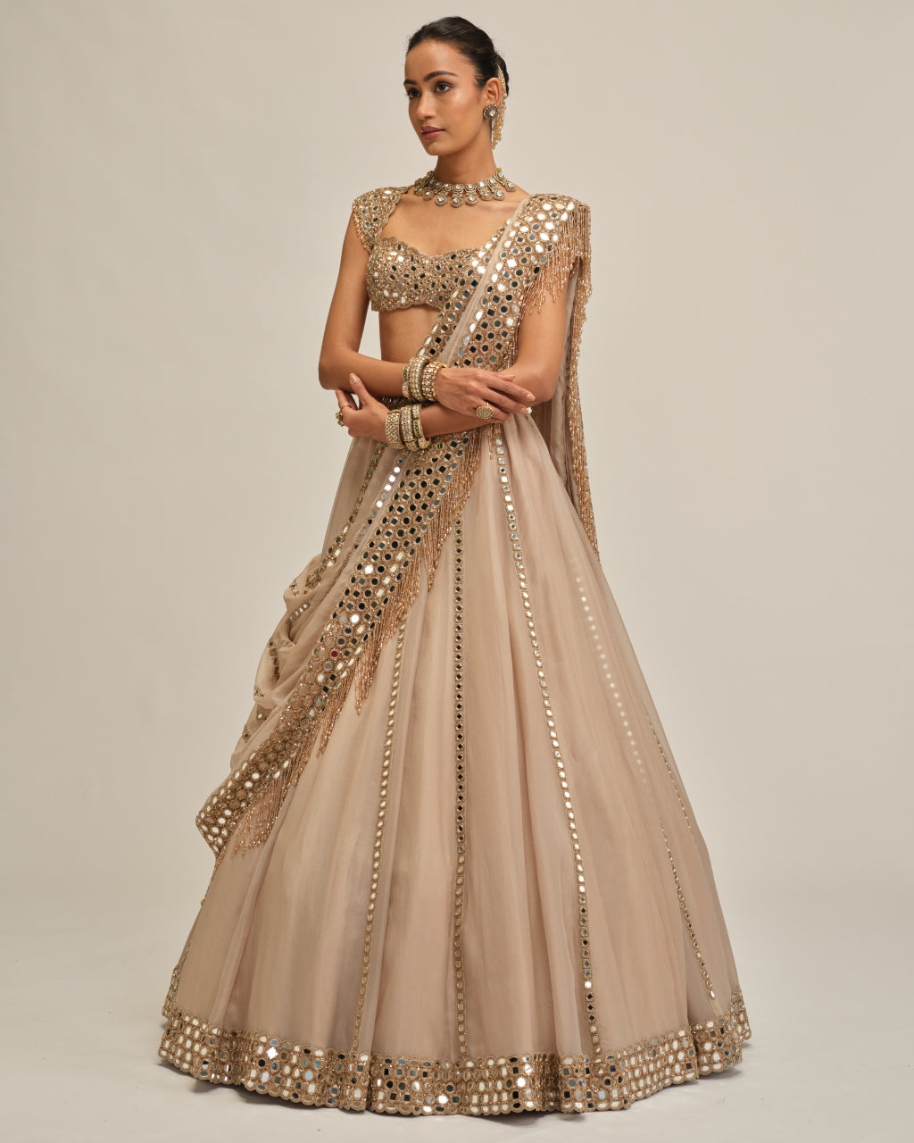 Light Beige Mirror Linear Embroiderd Lehenga Set